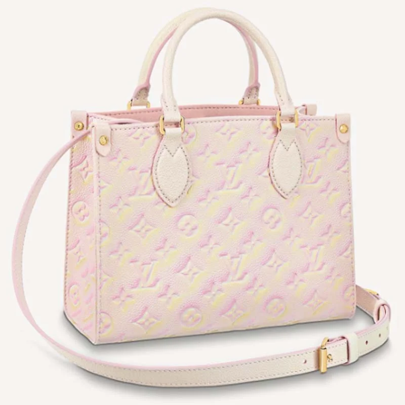 Christian Dior bags with a zip - top closure and multiple compartmentsLouis Vuitton handbags with a patent - leather finish for a shiny lookLouis Vuitton LV Women OnTheGo PM Tote Bag Pink Sprayed Embossed Grained Cowhide