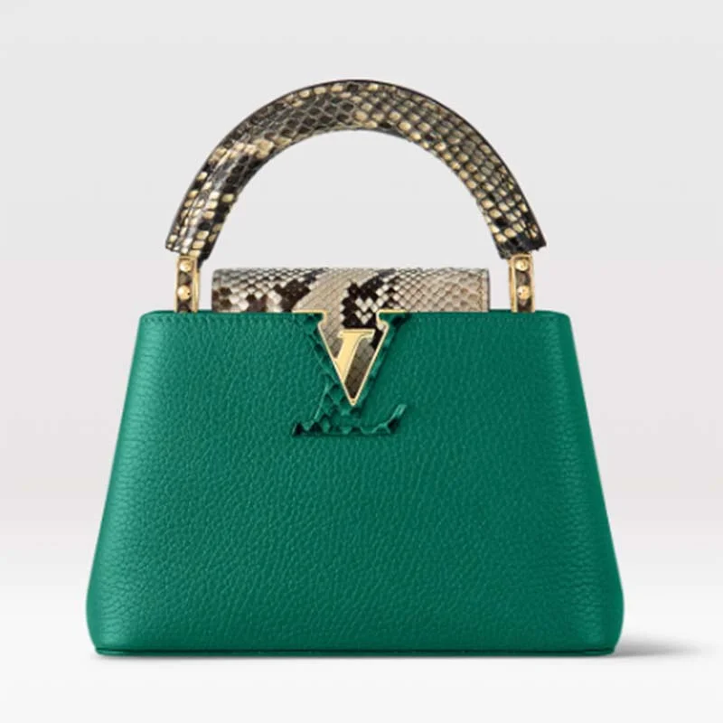 Christian Dior bags with a quilted pattern and gold - toned hardwareLouis Vuitton backpacks with a hidden back pocket for securityLouis Vuitton LV Women Capucines Mini Handbag Emeraude Green Taurillon Leather Python Skin