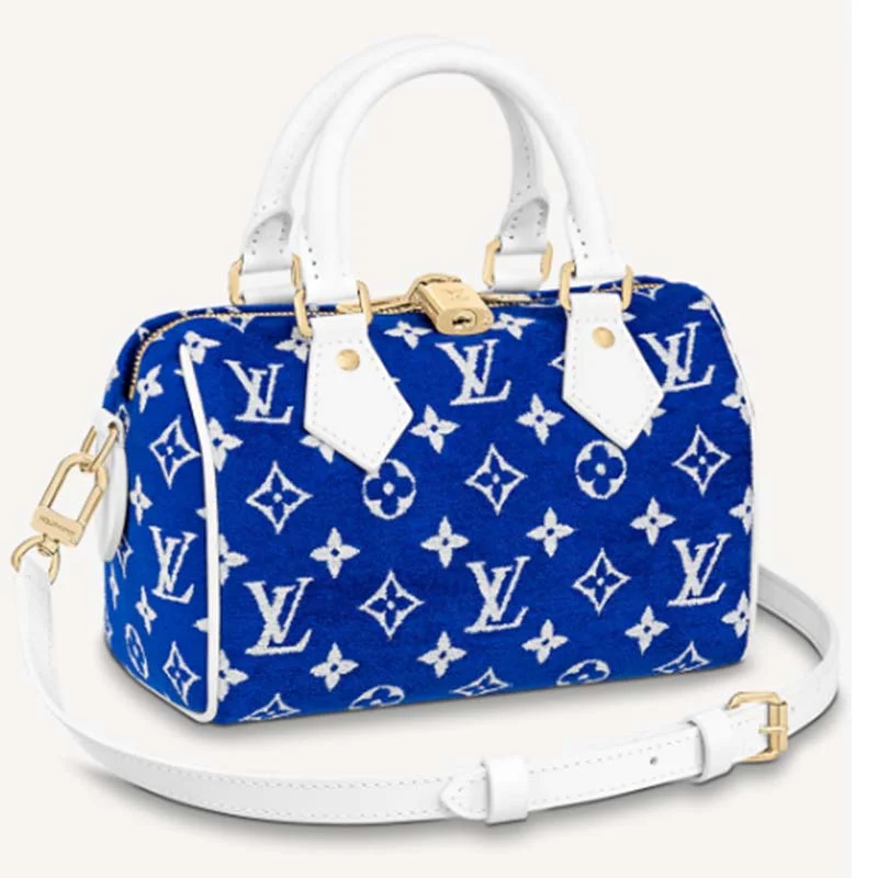 Luxury Christian Dior crossbody bags with a chain - link strapLouis Vuitton Twist bags with a contrast - colored interior for visual interestLouis Vuitton Women Speedy Bandouliere 20 Bag Blue Monogram Jacquard Velvet Cowhide