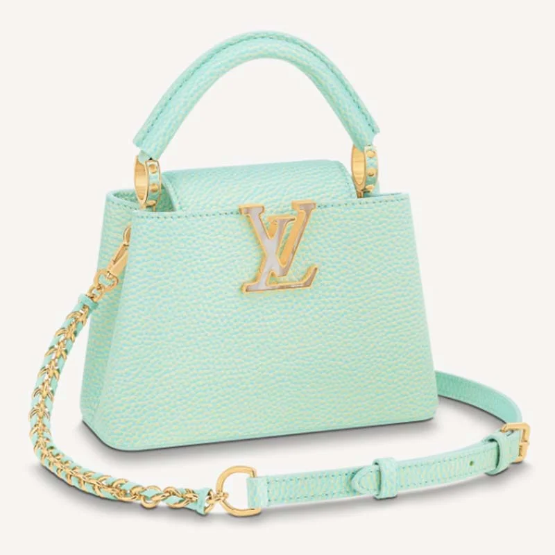 Christian Dior bags with a zip - top closure and multiple compartmentsLouis Vuitton tote bags with a spacious interior and multiple pocketsLouis Vuitton LV Women Capucines Mini Handbag Vert D’eau Green Taurillon Leather