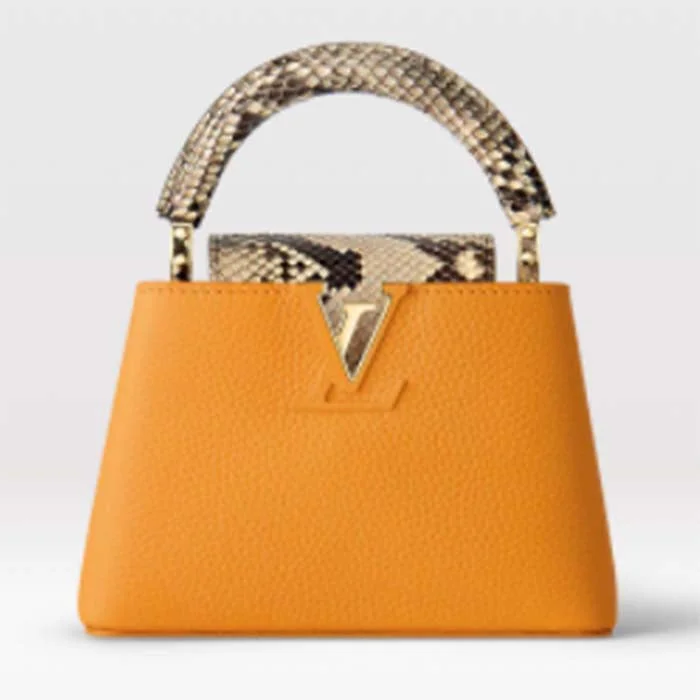 Christian Dior bags with a detachable coin purse insideLouis Vuitton tote bags with a printed LV logo on the front for brand visibilityLouis Vuitton LV Women Capucines Mini Handbag Golden Yellow Taurillon Leather Python Skin