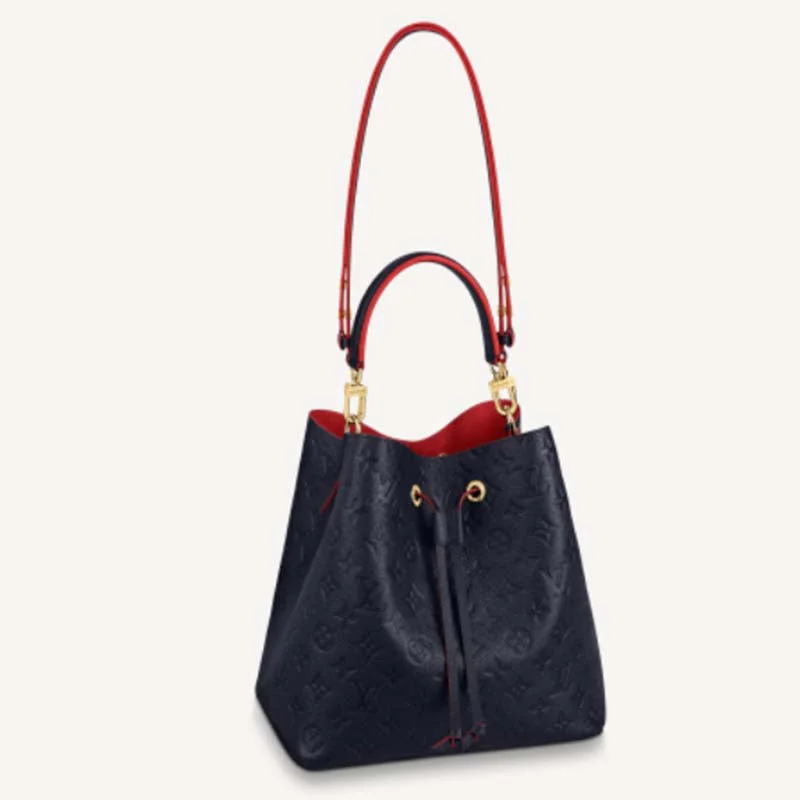 Christian Dior tote bags with a printed Dior logo on the frontLouis Vuitton backpacks with a multi - pocket organization for functionalityLouis Vuitton LV Women NéoNoé MM Bucket Navy Embossed Monogram Empreinte Grained Cowhide