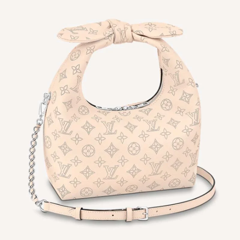 Luxury Christian Dior crossbody bags with a chain - link strapLadies Louis Vuitton shoulder bags with a tassel decoration for charmLouis Vuitton LV Women Why Knot PM Handbag Cream Beige Perforated Mahina Calf Leather