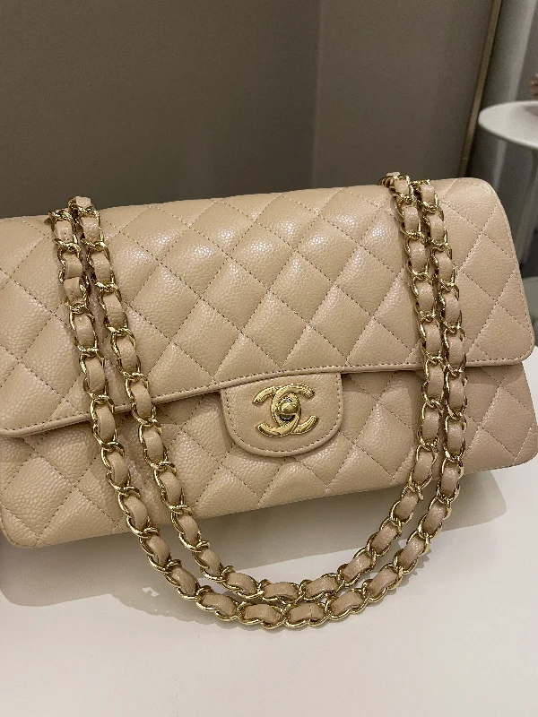 Chanel bags with leather and tweed combinationsChanel Classic Quilted Medium Double Flap Beige Claire Caviar