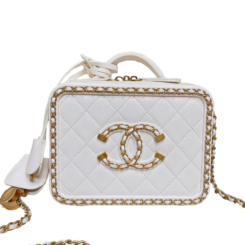 Chanel Small Crossbody Bag for TravelChained Medium Caviar Quilted Vanity Case White GHW