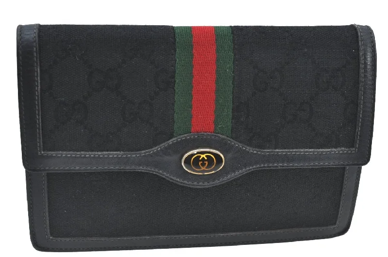 Gucci backpacks for women with a padded laptop compartmentAuthentic GUCCI Web Sherry Line Pouch Purse GG Canvas Leather Black 9810F