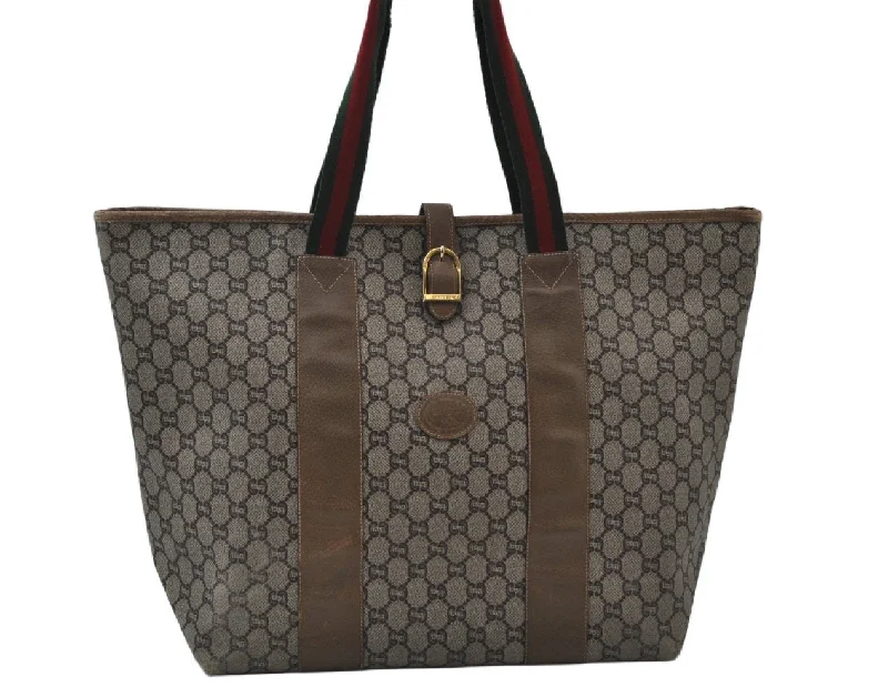 Ladies Gucci shoulder bags with a wide - width strapAuthentic GUCCI Web Sherry Line GG Plus Tote Bag GG PVC Leather Brown K7850