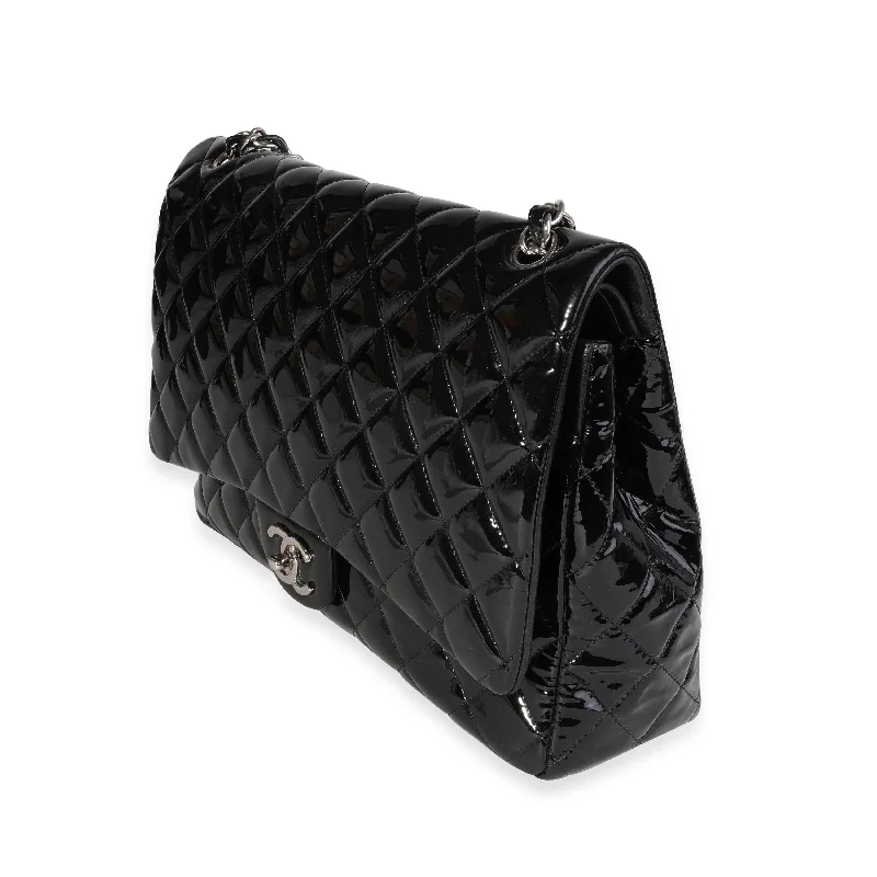 Chanel bags with chain and leather strap combinationsChanel Black Quilted Patent Leather Maxi Classic Double Flap Bag