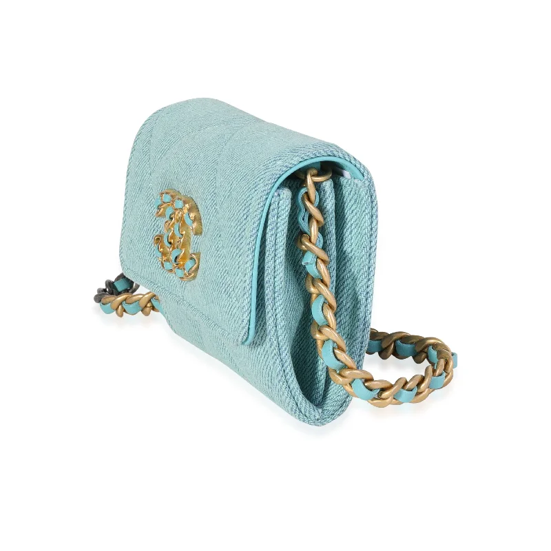 Chanel bags available at online luxury retaileChanel Blue Denim Chanel 19 Coin Pouch On Chain