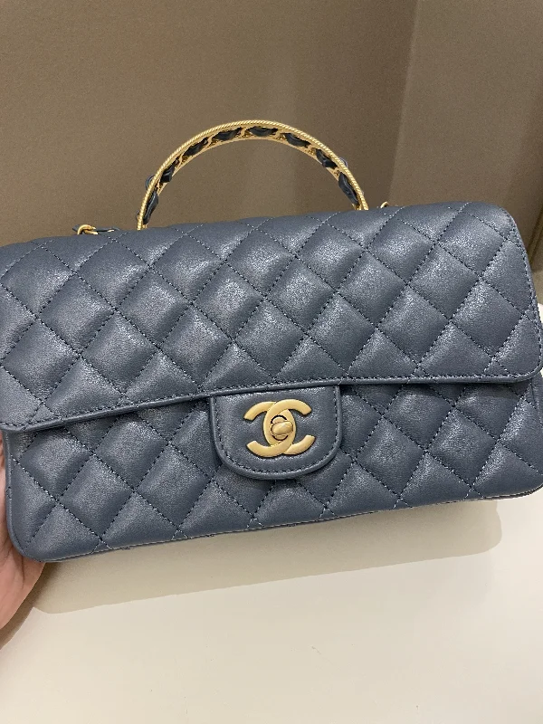 Chanel bags for a polished and professional appearanceChanel Quilted Top Handle Flap Chain Ash Blue Stiff Lambskin