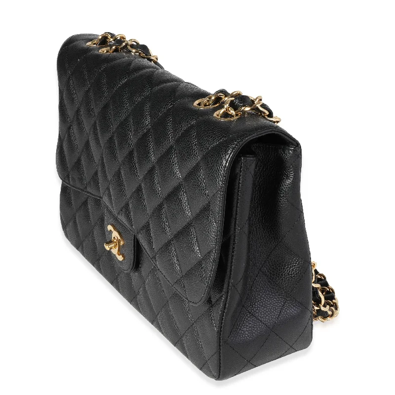 Chanel bags with iconic stitching detailsChanel Black Quilted Caviar Jumbo Classic Single Flap Bag