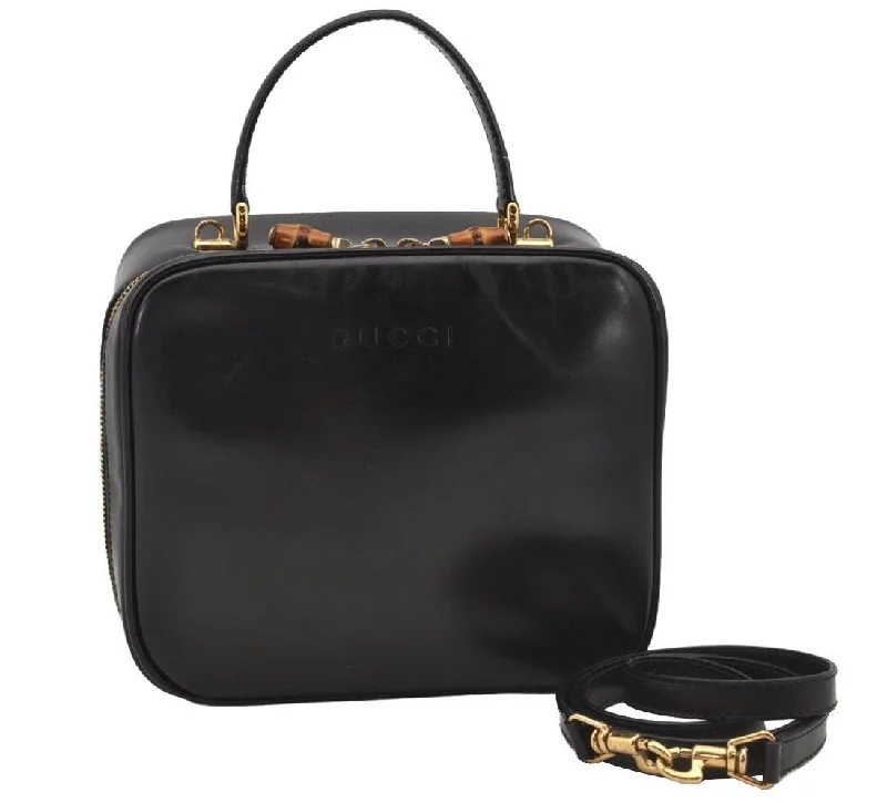 Women Gucci Sylvie bags with a detachable ribbon detailAuthentic GUCCI Bamboo 2Way Shoulder Vanity Bag Enamel Black Junk 6179J