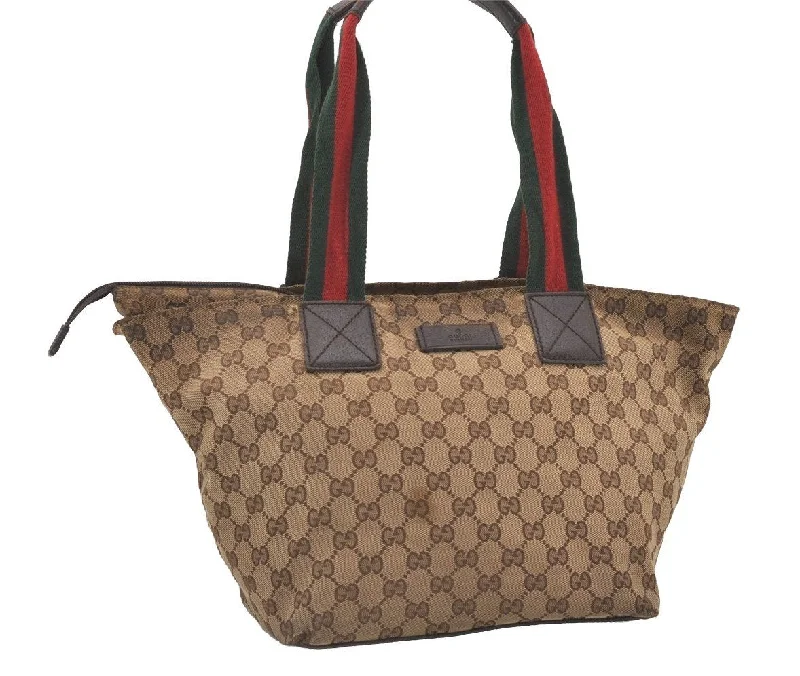 Women Gucci bags with a front - flap pocket for quick - access itemsAuthentic GUCCI Web Sherry Line Tote Bag GG Canvas Leather 131230 Brown 2303J