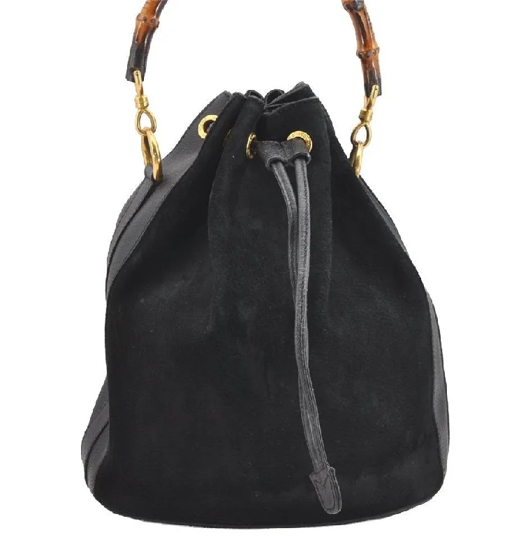 Women Gucci Sylvie bags with a leather - wrapped handleAuthentic GUCCI Bamboo Drawstring Hand Bag Purse Suede Leather Black 6312J