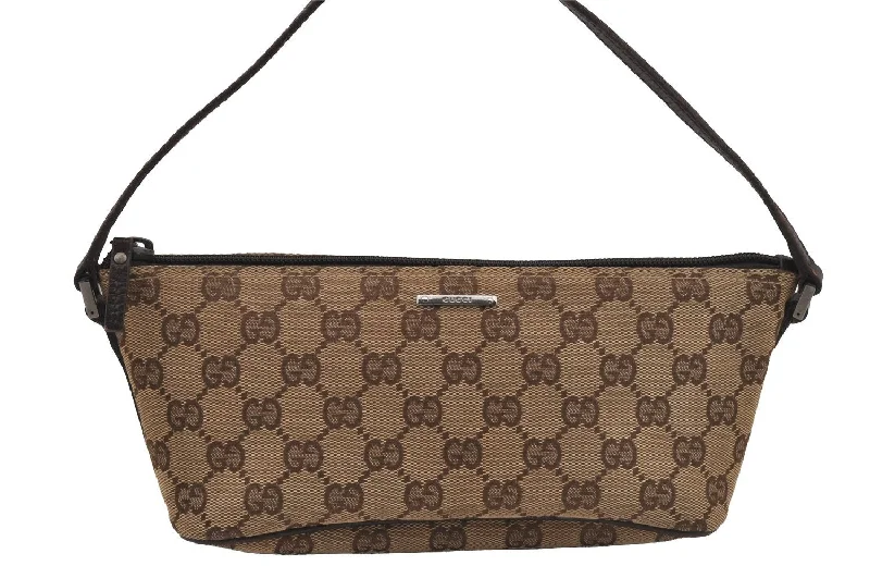 Women Gucci Sylvie bags featuring the signature web stripeAuthentic GUCCI Vintage Hand Bag Pouch Purse GG Canvas Leather 07198 Brown 6469J