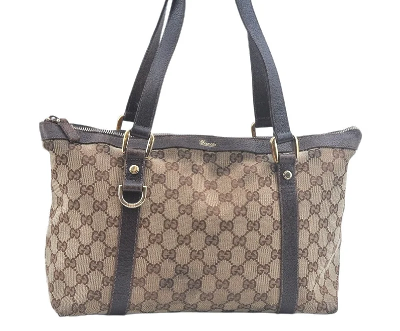 Women Gucci bags with a chain - link trim and a leather bodyAuthentic GUCCI Abbey Shoulder Tote Bag GG Canvas Leather 141470 Brown 6943H