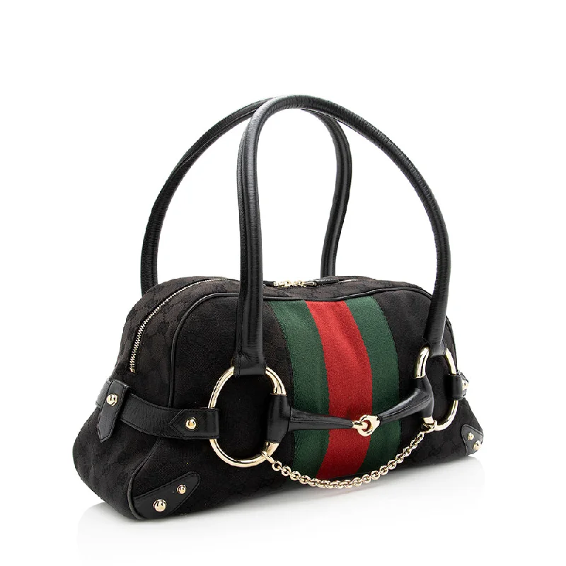 Gucci handbags for women with a metal - framed claspGucci GG Canvas Web Horsebit Boston Bag (SHF-20566)