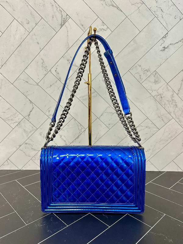 Chanel bags for those who value investment piecesChanel Blue Quilted Patent Leather Medium Boy Bag