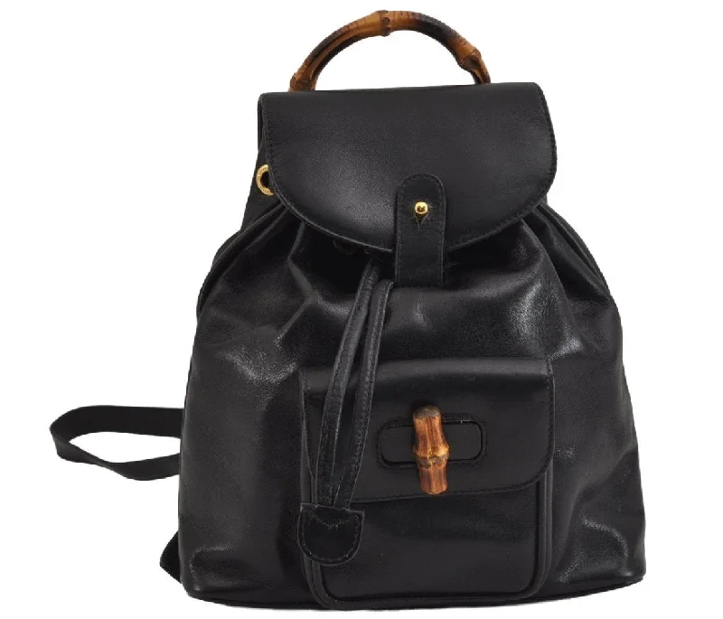 Gucci backpacks for women with a padded laptop compartmentAuthentic GUCCI Vintage Bamboo Drawstring Backpack Leather Black 5835J