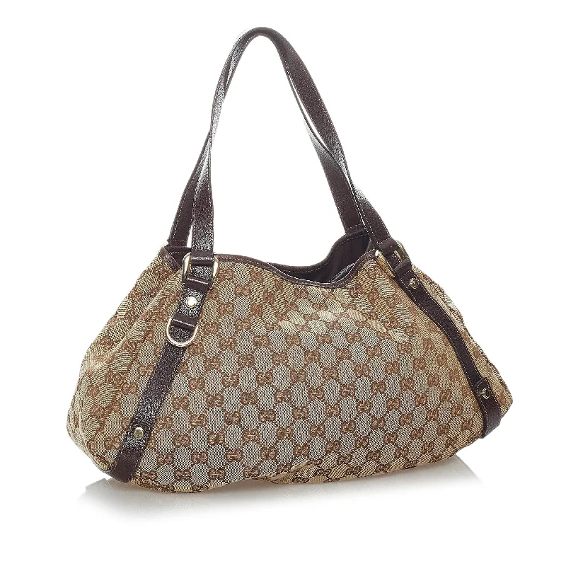 Women Gucci bags with a chain - link trim and a leather bodyGucci GG Canvas Pelham Tote Bag (30423)