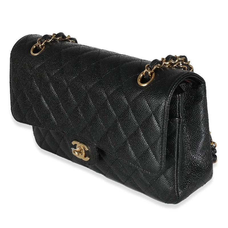 Chanel bags with intricate metal hardwareCHANEL Black Quilted Caviar Medium Classic Double Flap Bag