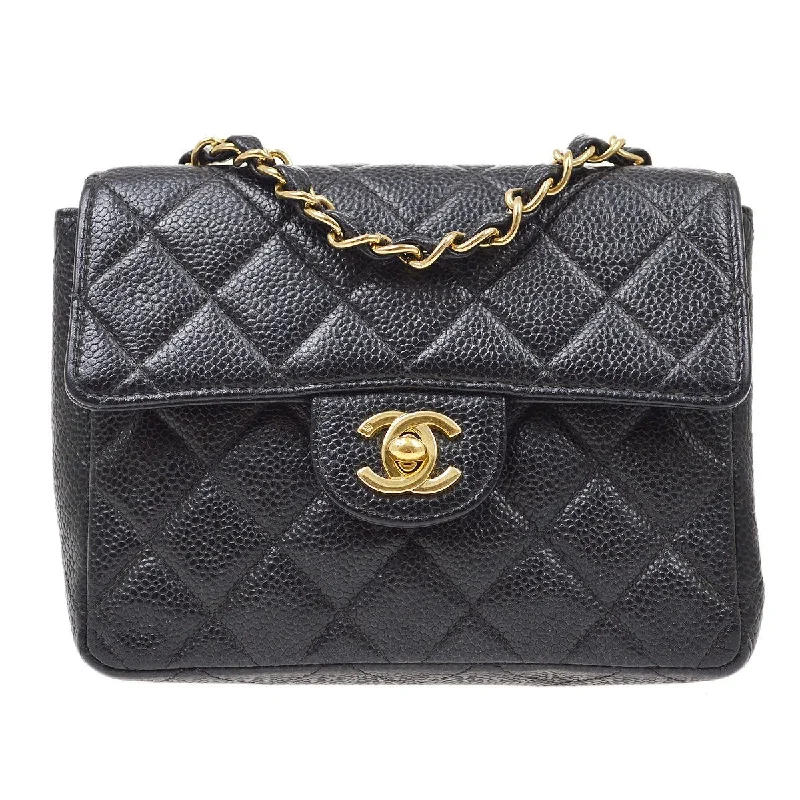 Chanel Handbag with Adjustable Strap for ComfortCHANEL 2001-2003 Classic Square Flap 17 Black Caviar