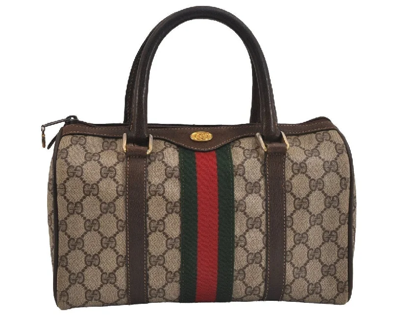 Women Gucci bags with a snap - button closure and a decorative charmAuthentic GUCCI Web Sherry Line Hand Boston Bag GG PVC Leather Brown 6342J