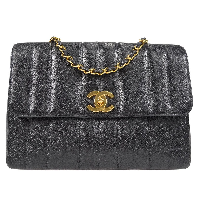 Chanel Classic Flap Bag for Evening PartyChanel 1994-1996 Black Caviar Medium Vertical Stitch Straight Flap Bag