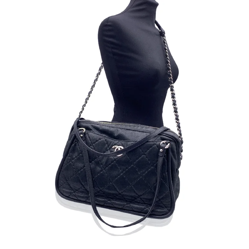 Chanel bags with intricate metal hardwareCHANEL Black Quilted Leather Relax Cc Tote Camera Shoulder Bag