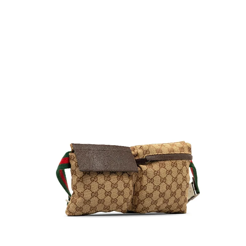 Women Gucci bags with a chain - link trim and a leather bodyGucci GG Canvas Web Double Pocket Belt Bag (aZbnST)