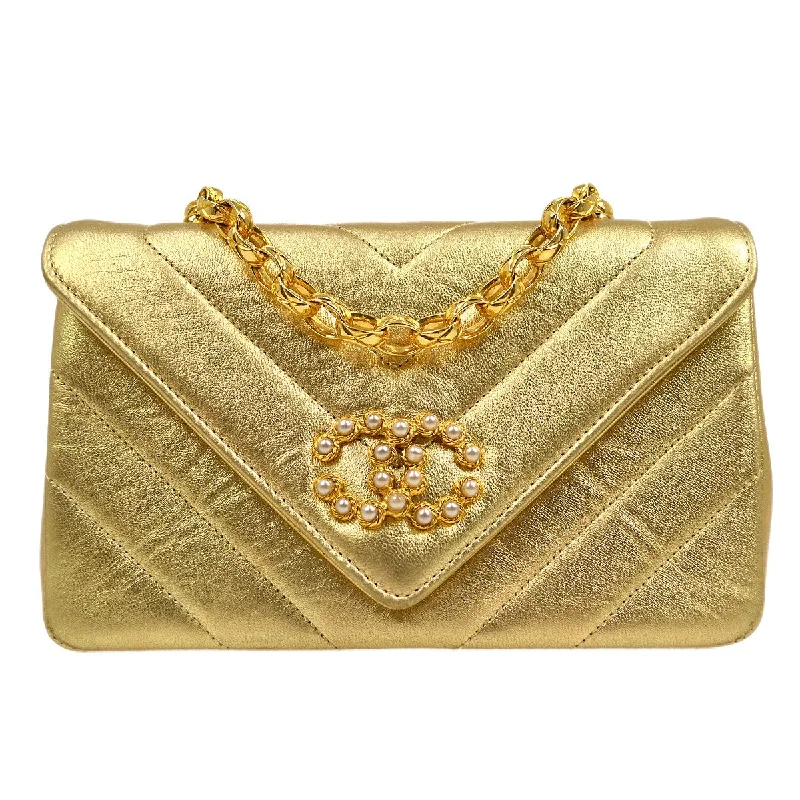 Chanel bags sale 2025CHANEL 1991-1994 Gold Lambskin Chevron Faux Pearl CC Flap Bag