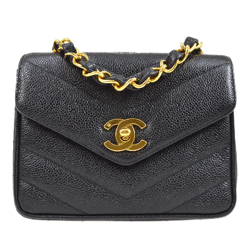 Chanel Handbag with Adjustable Strap for ComfortChanel 1994-1996 Black Caviar Chevron Letter Flap Bag