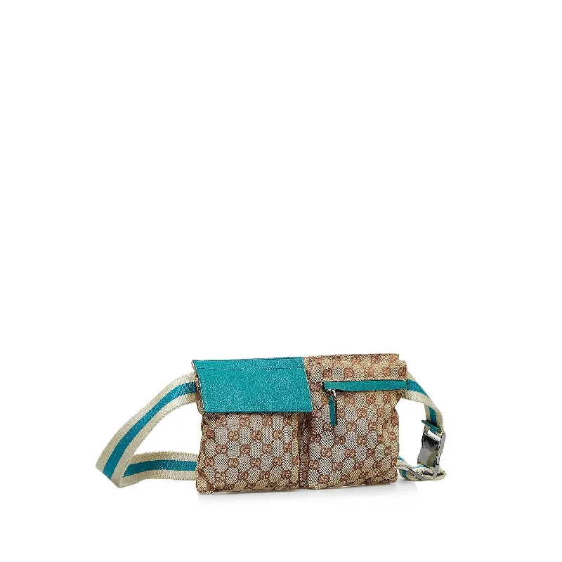 Women Gucci bags with a magnetic snap closure for easy accessGucci GG Canvas Web Double Pocket Belt Bag (SHG-fVauzX)