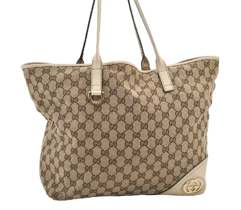 Women Gucci bags with a front - flap pocket for quick - access itemsAuthentic GUCCI New Britt Shoulder Tote Bag GG Canvas Leather 169945 Brown 2887J