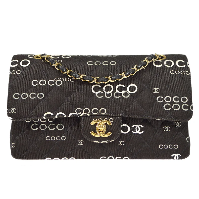 Chanel leather bags for everydChanel 2001-2003 COCO patterned Classic Double Flap Medium Black Canvas