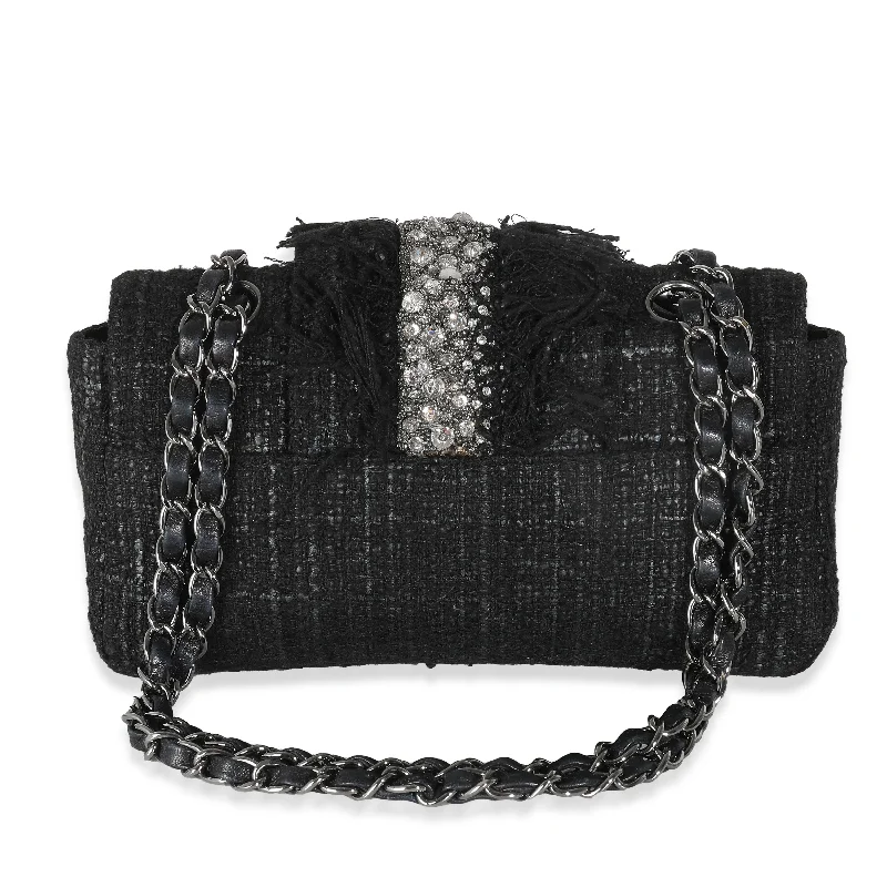 Chanel bags available in bold colors and patternsCHANEL Black Tweed Swarovski Fringe Flap Bag