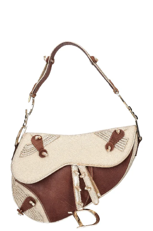 Christian Dior handbags with a detachable mirror for on - the - go touch - upsCHRISTIAN DIOR Vintage Saddle Bag Gold & Brown