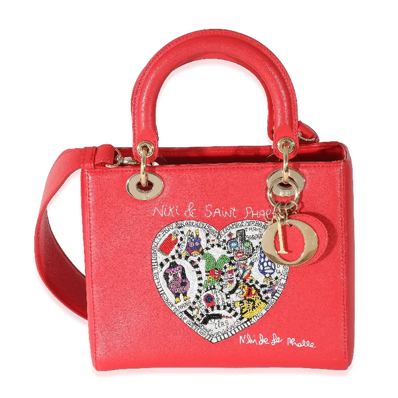 Christian Dior bags with a side - pocket for holding a water bottleCHRISTIAN DIOR Red Supple Calfskin Niki de Saint Phalle Medium Lady Dior