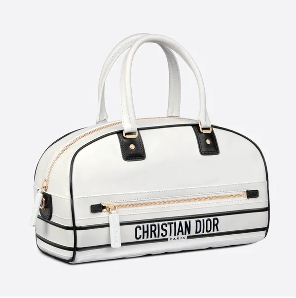 Christian Dior Saddle bags with a patent leather finish for a shiny lookCHRISTIAN DIOR White Quilted Leather Medium Vibe Bowling Bag