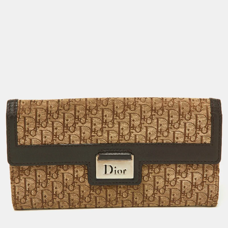 Luxury Christian Dior crossbody bags with a chain - link strapDIOR Beige/Brown Oblique Canvas and Leather Flap Continental Wallet