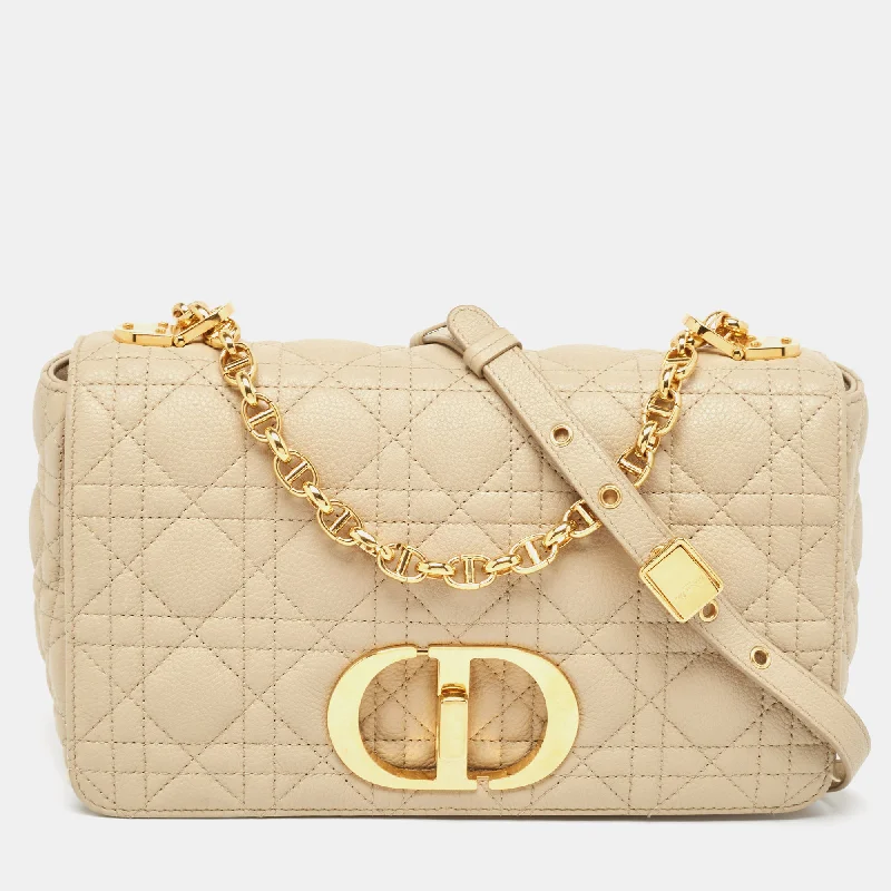 Christian Dior Saddle bags with a distressed leather finishDIOR Beige Cannage Leather Medium Caro Shoulder Bag