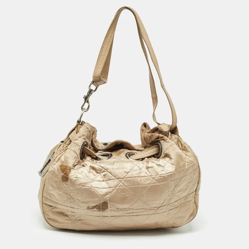 Luxury Christian Dior crossbody bags with a chain - link strapDIOR Beige Cannage Nylon and Leather Drawstring Bag