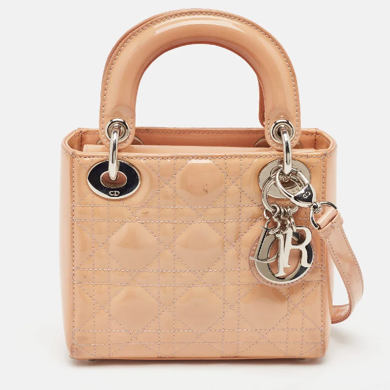 Christian Dior handbags with a snap - button closure and a decorative buckleDIOR Beige Cannage Patent Leather Mini Lady  Tote