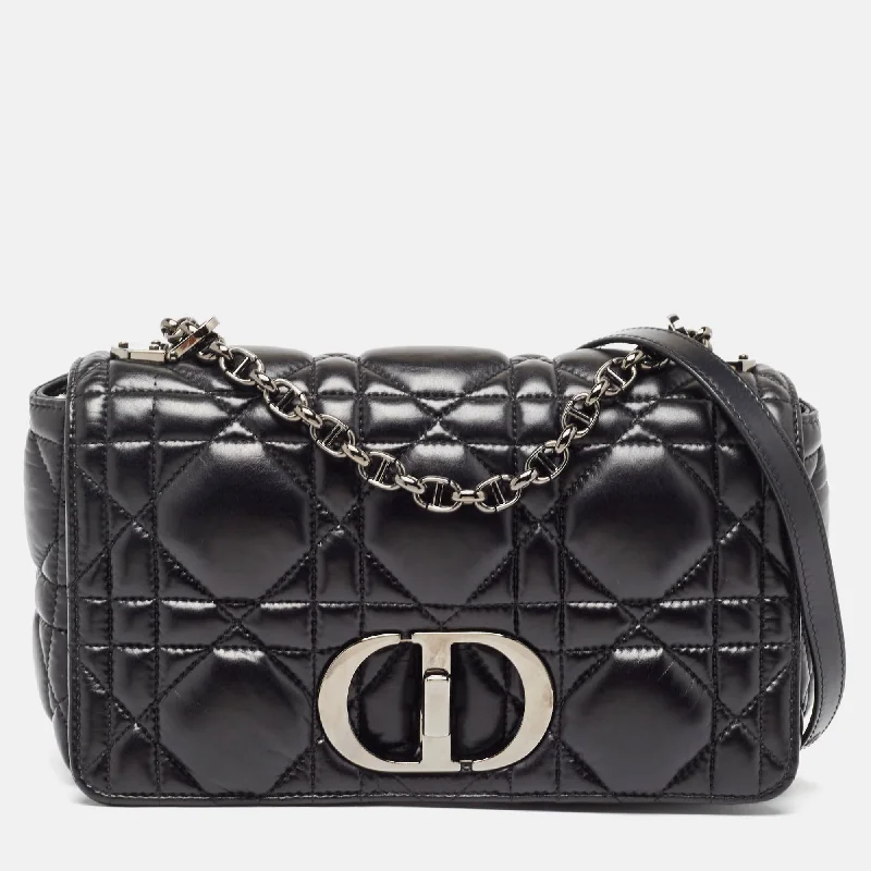 Christian Dior handbags with a snap - button closure and a decorative buckleDIOR Black Cannage Leather Medium Caro Shoulder Bag