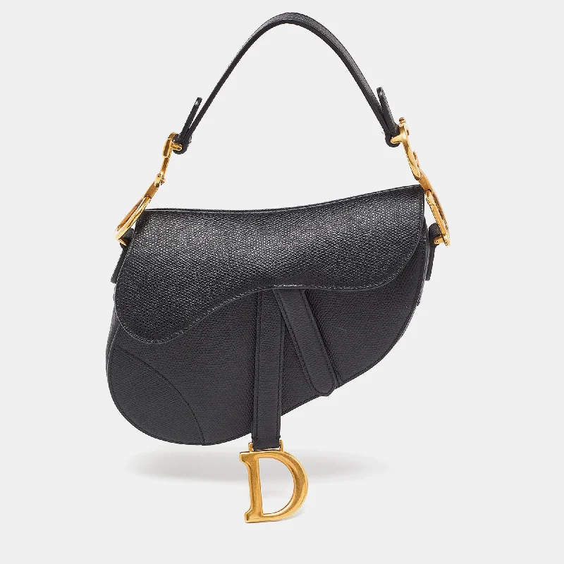 Christian Dior bags with a quilted pattern and gold - toned hardwareDIOR Black Leather Mini Saddle Bag