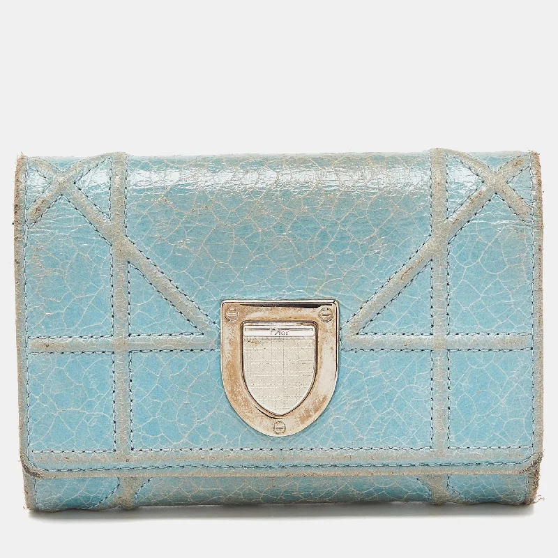 Christian Dior handbags with a snap - button closure and a decorative buckleDIOR Blue Crinkled Leather ama Trifold Wallet