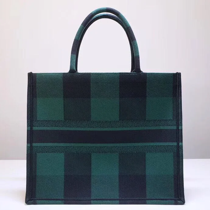 Christian Dior handbags with a detachable mirror for on - the - go touch - upsChristian Dior Book Tote Bag In Green/Black Check Embroidered Canvas