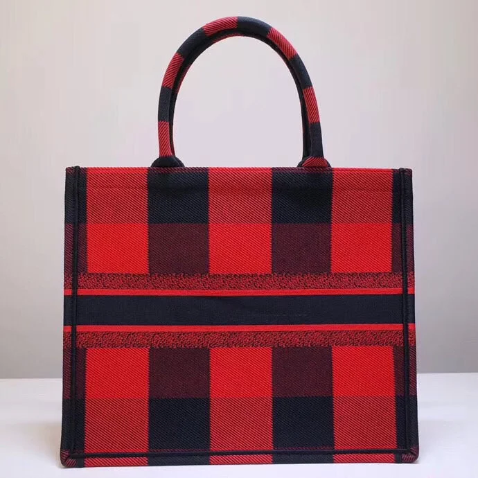 Christian Dior bags with a side - pocket for holding a water bottleChristian Dior Book Tote Bag In Red/Black Check Embroidered Canvas