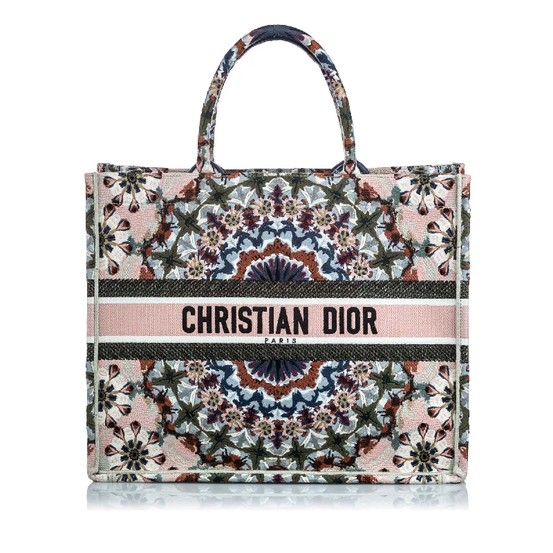 Christian Dior handbags with a snap - button closure and a decorative buckleChristian Dior Brown Beige Canvas Fabric Embroidered Book Tote Italy