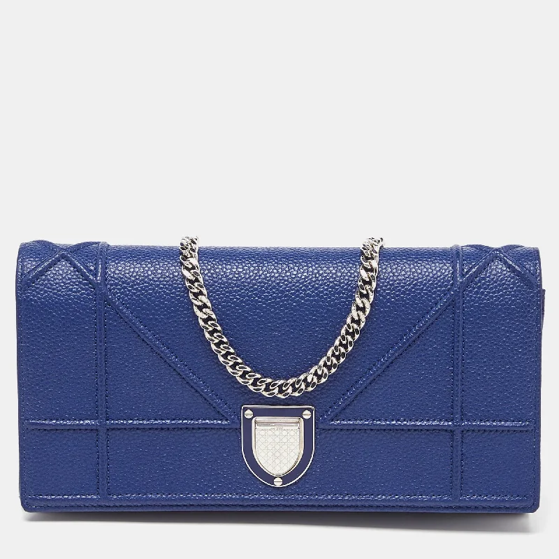 Christian Dior bags with a side - pocket for holding a water bottleDIOR Navy Blue Leather ama Wallet On Chain